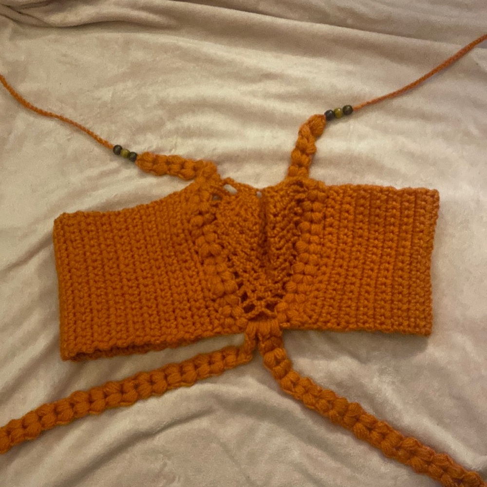 Orange halter crop top beaded straps braided straps lace up back crochet OOAK🧶